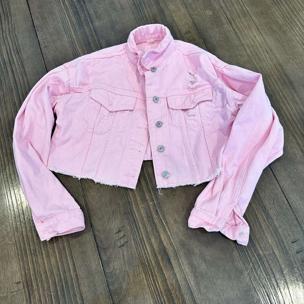 Women’s Pink Denim Cropped Distressed Jacket So Cute Fun